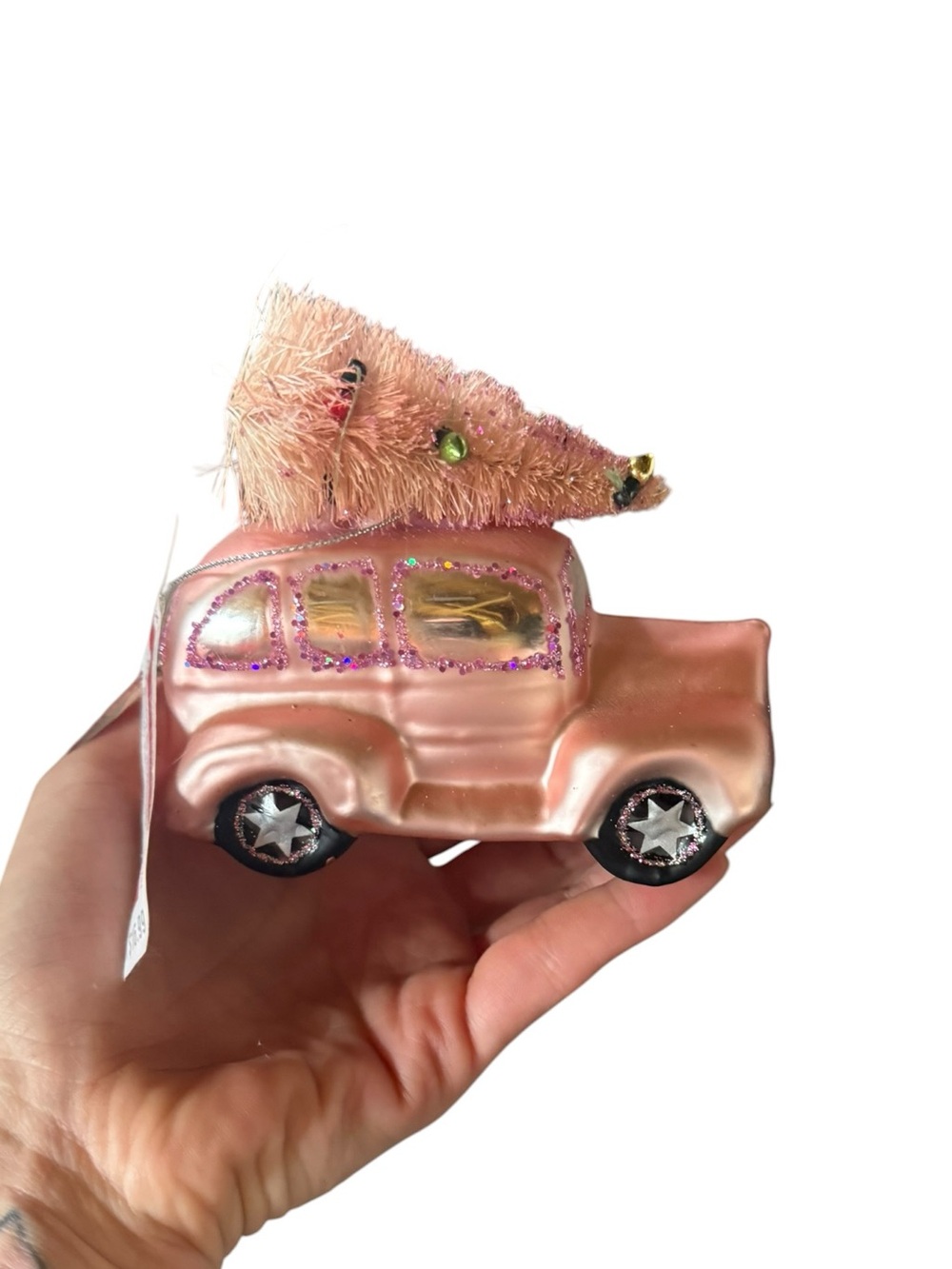 Glass pink car Christmas ornament